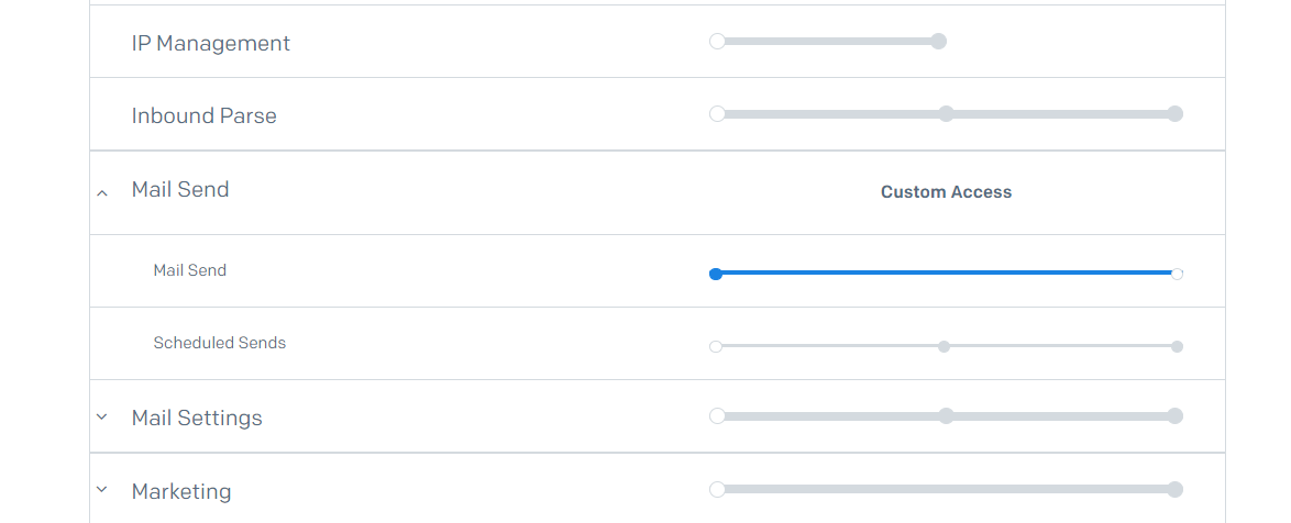 Create API Key form with the Mail Send accordion opened and with the Mail Send is a toggle and is enabled 