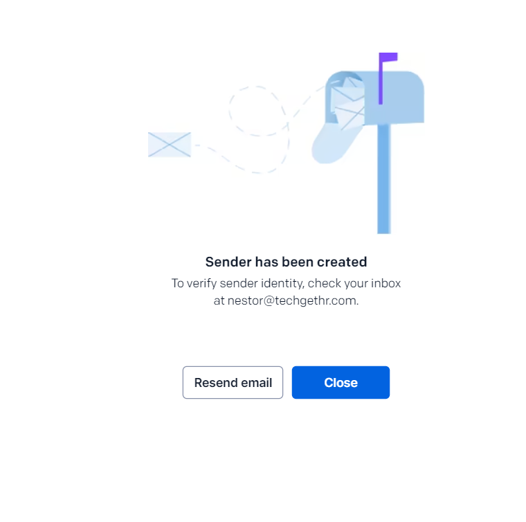 Page with message "Sender had been created" and a button to "Resend email" to verify the single sender email address.