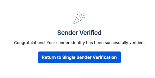 Verification success screen saying "Sender Verified"