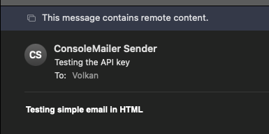 An email with subject "Testing the API key" and body "Testing simple email in HTML"
