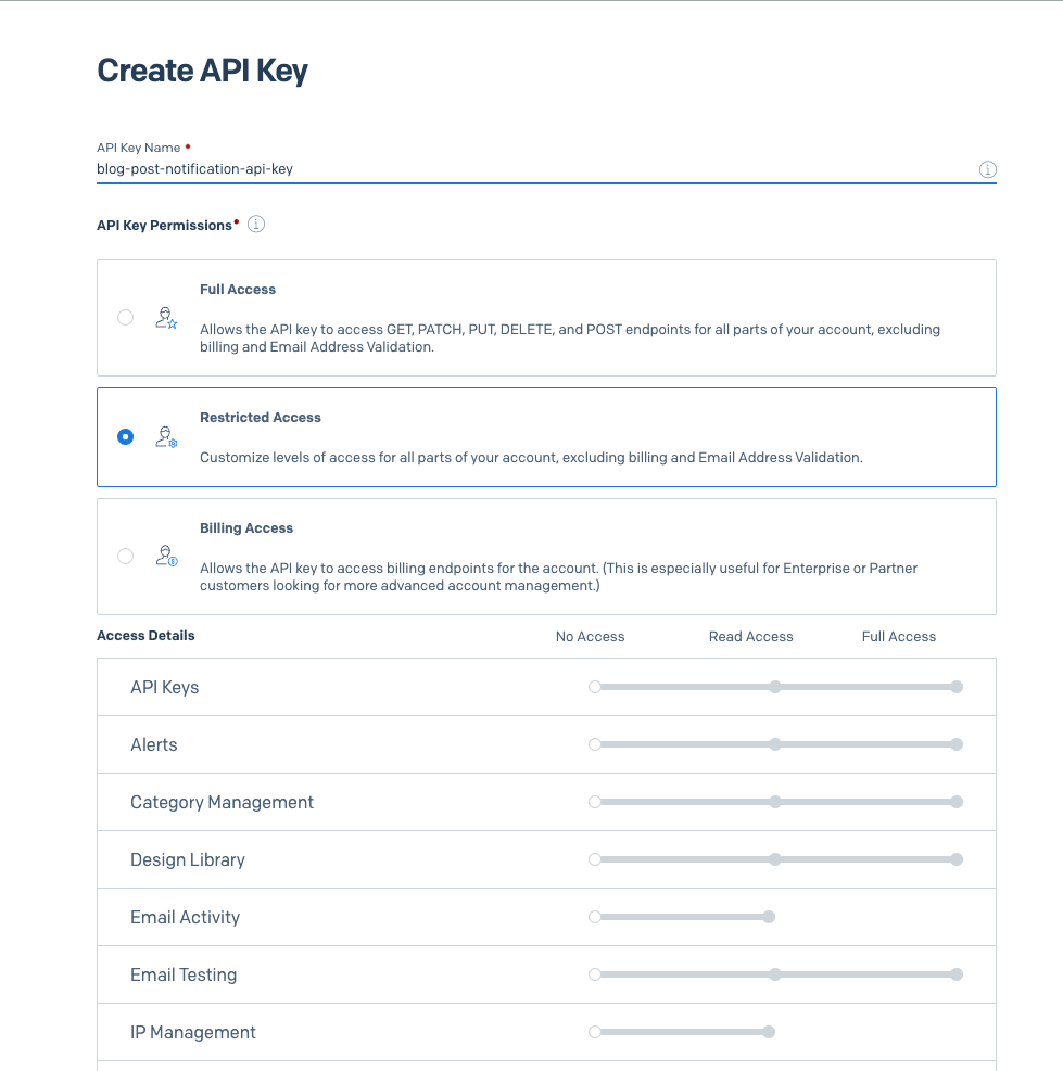 SendGrid Create API Key form with a text field "API Key Name" and a radio button list "API Key Permissions". The "Restricted Access" radio button is selected and a list of "Access Details" toggles are displayed.