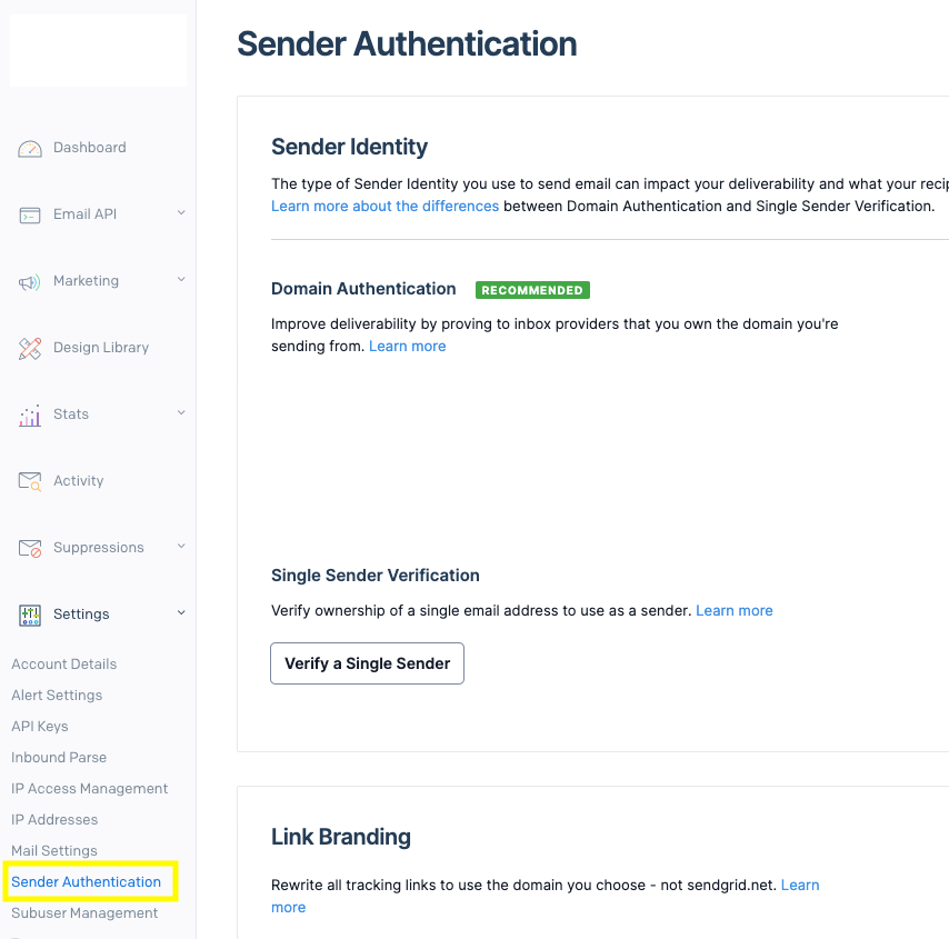 SendGrid Sender Authentication page that has a navigation on the left side with a Settings section and under that a "Sender Authentication"  link. On this Page you can choose to setup "Domain Authentication" or "Single Sender Verification"
