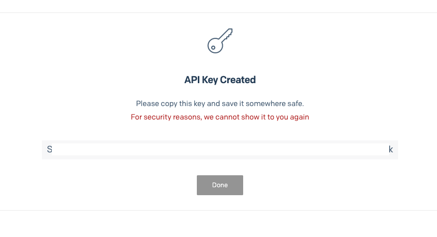API key shown after creation
