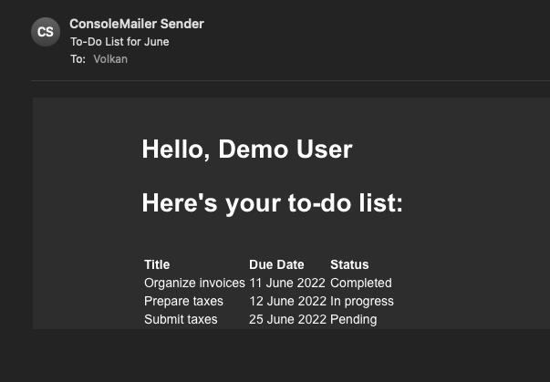 An email with subject "To-Do List for June". In the body it shows the recipientName is replaced with Demo User and the HTML template is populated with a to-do list data