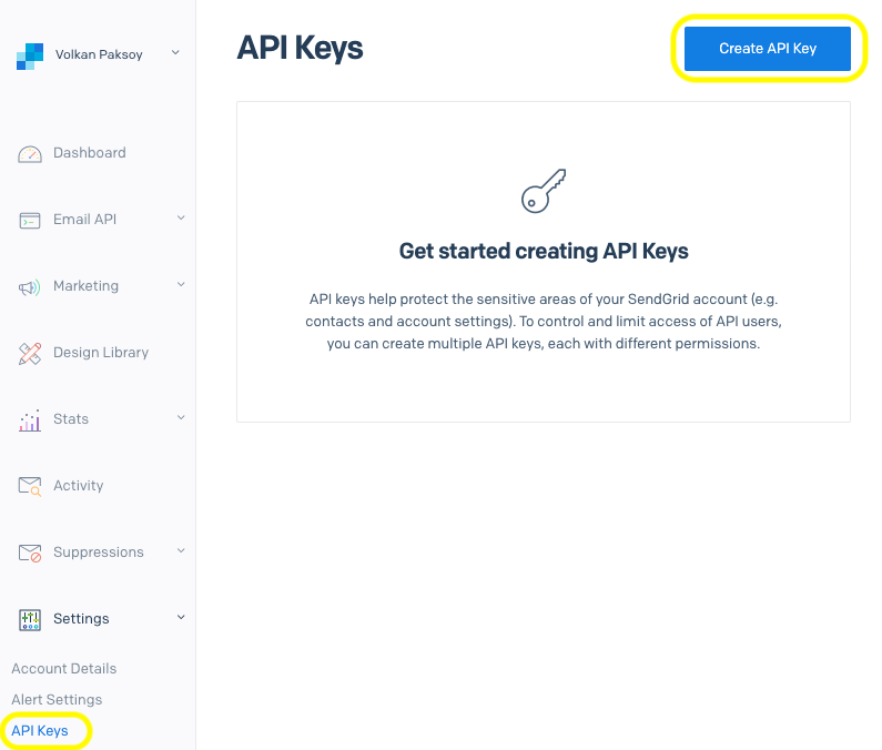 SendGrid API Keys page with a navigation on the left containing a Settings section under which you can find the API Keys link. On the top right is a button to "Create API Key"