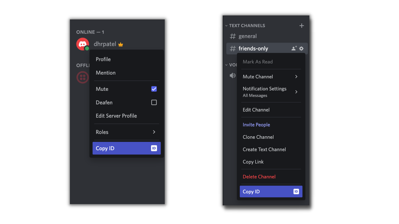 Left image shows Copy ID item selected in right click menu on user. Right image shows copy id selected in the right click menu of the friends-only channel