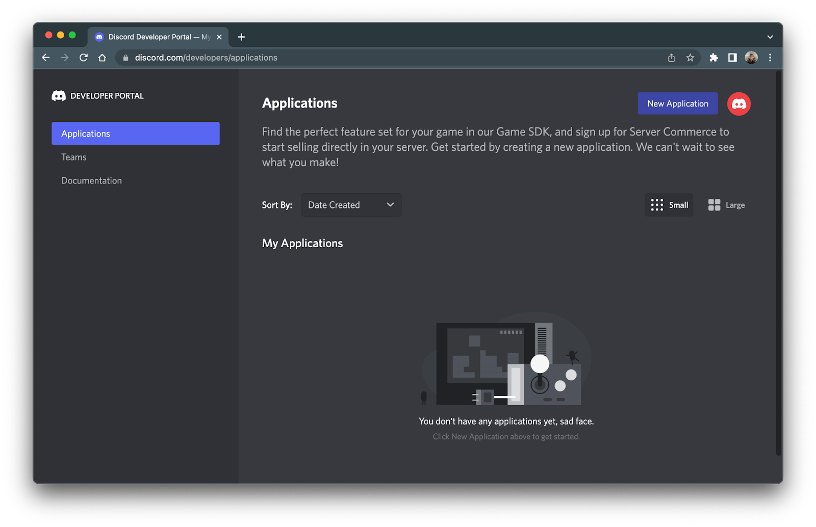 Applications page of the Discord Developer Dashboard