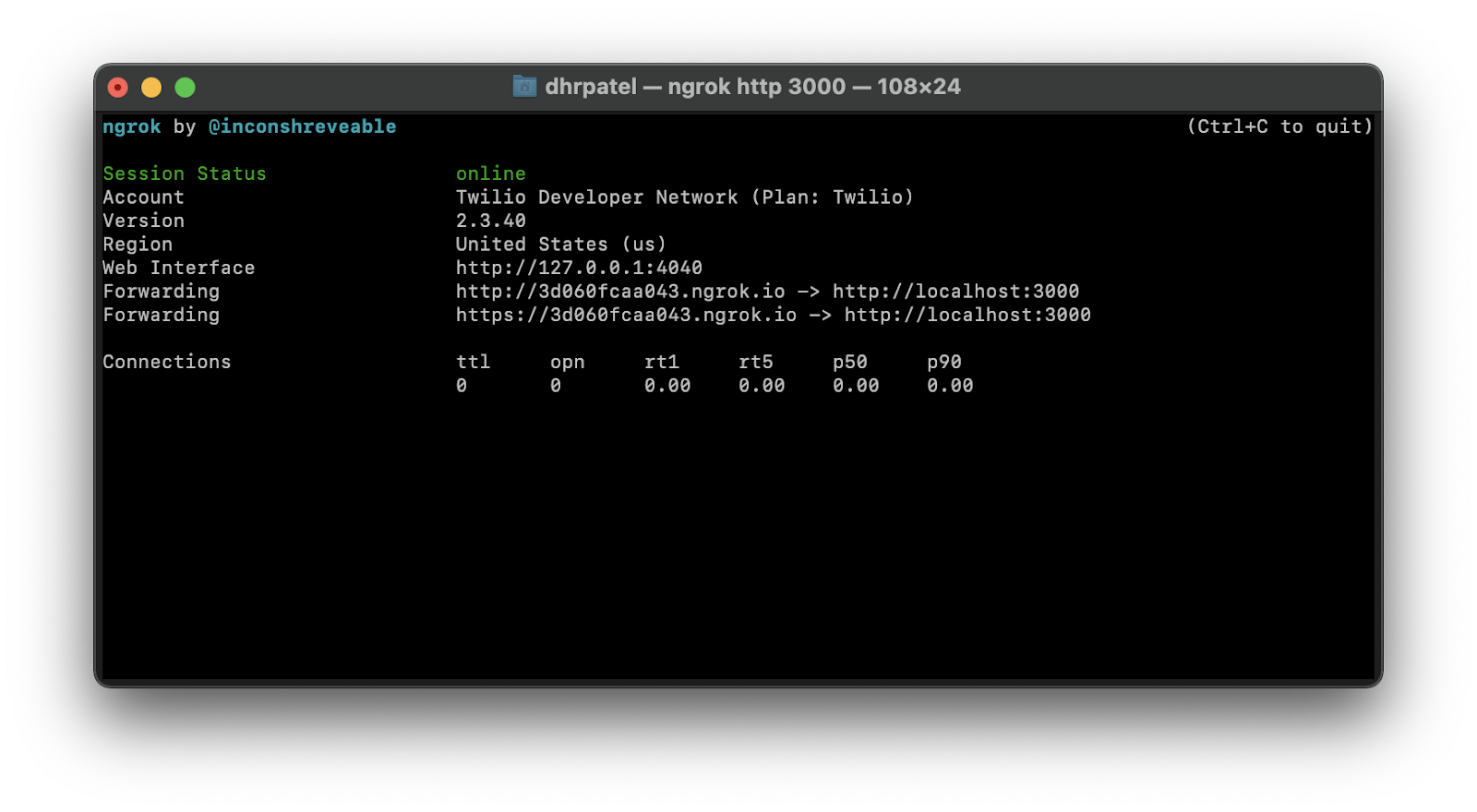 Terminal showing ngrok connection with forwarding URLs