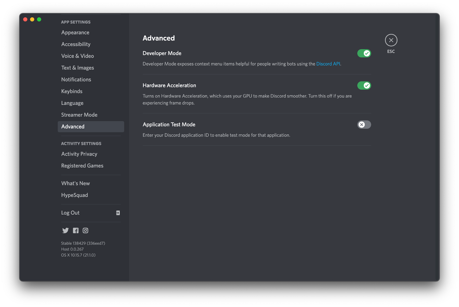 Developer mode option turned on within the advanced section in the Discord client settings menu