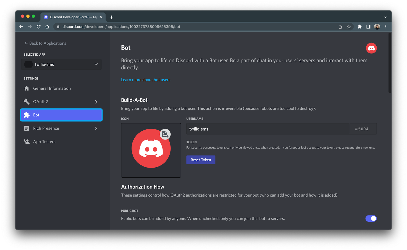Bot section of the new discord application portal