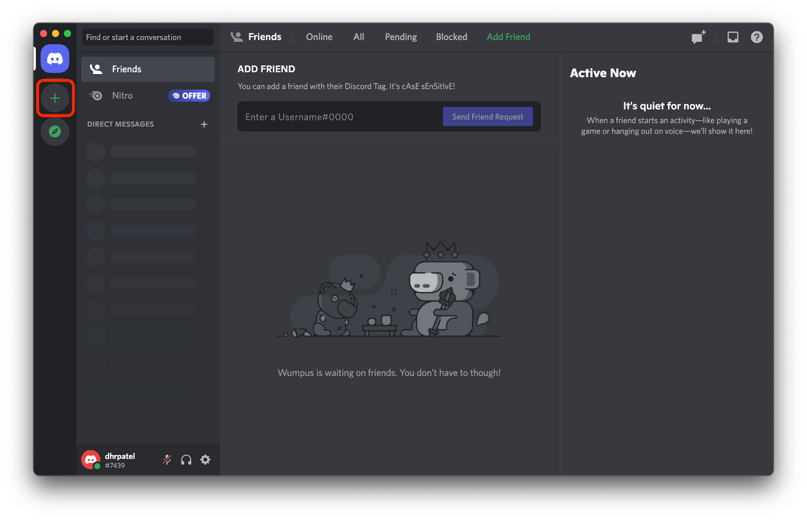 Screenshot of discord application where the plus icon is circled red.