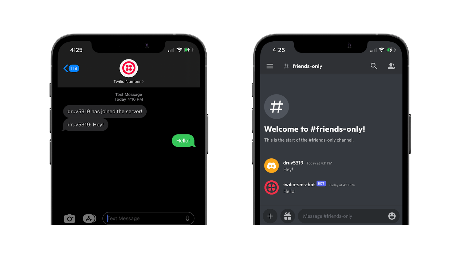 Phone screenshots of discord app and SMS app showing notification of new user joining and two way messaging
