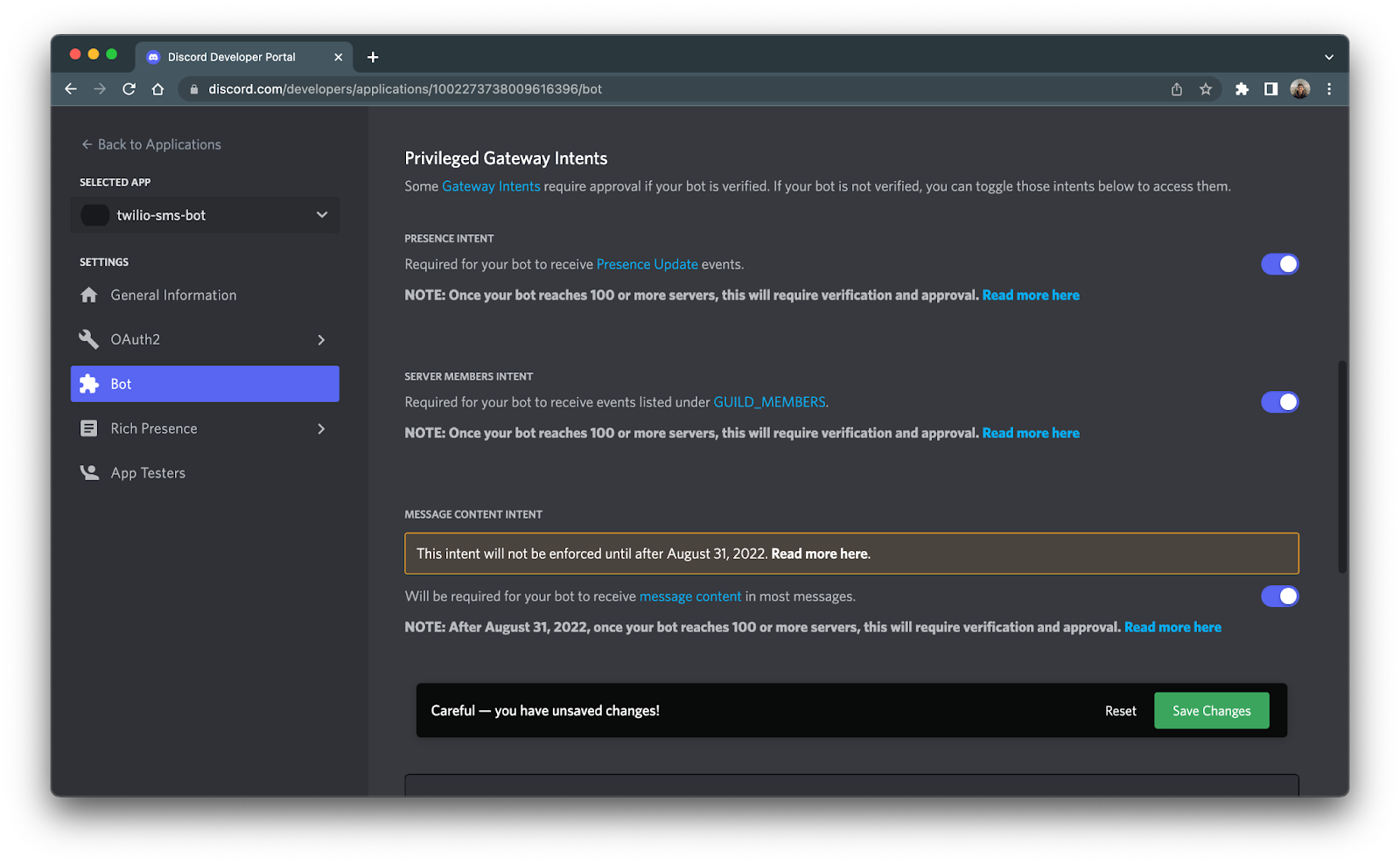 Privelaged gateway intents section with all intents turned on within the bot settings menu