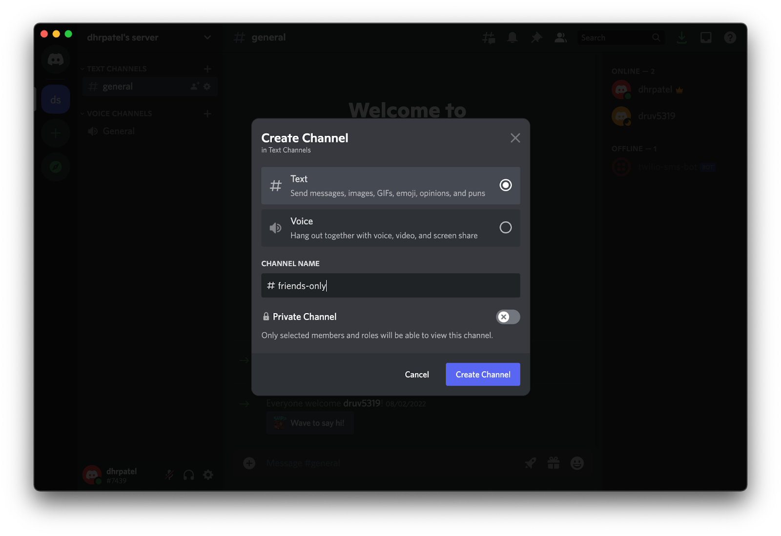 Discord channel creation modal