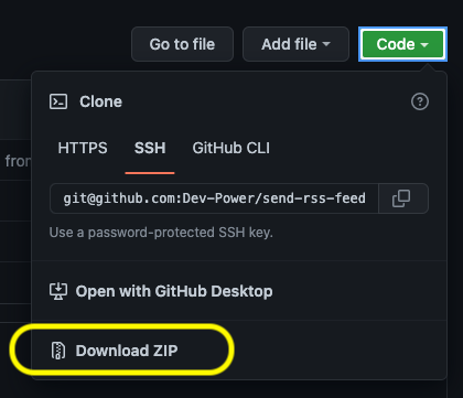 GitHub page showing Code button clicked and clone options visible. There is a download zip button at the bottom of the dialog.