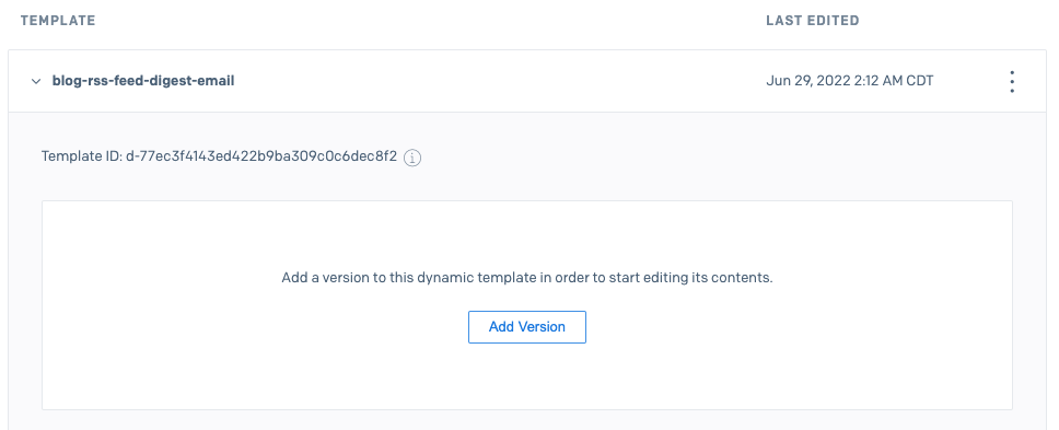 The newly created template expanded. In the middle, there is an Add Version button.