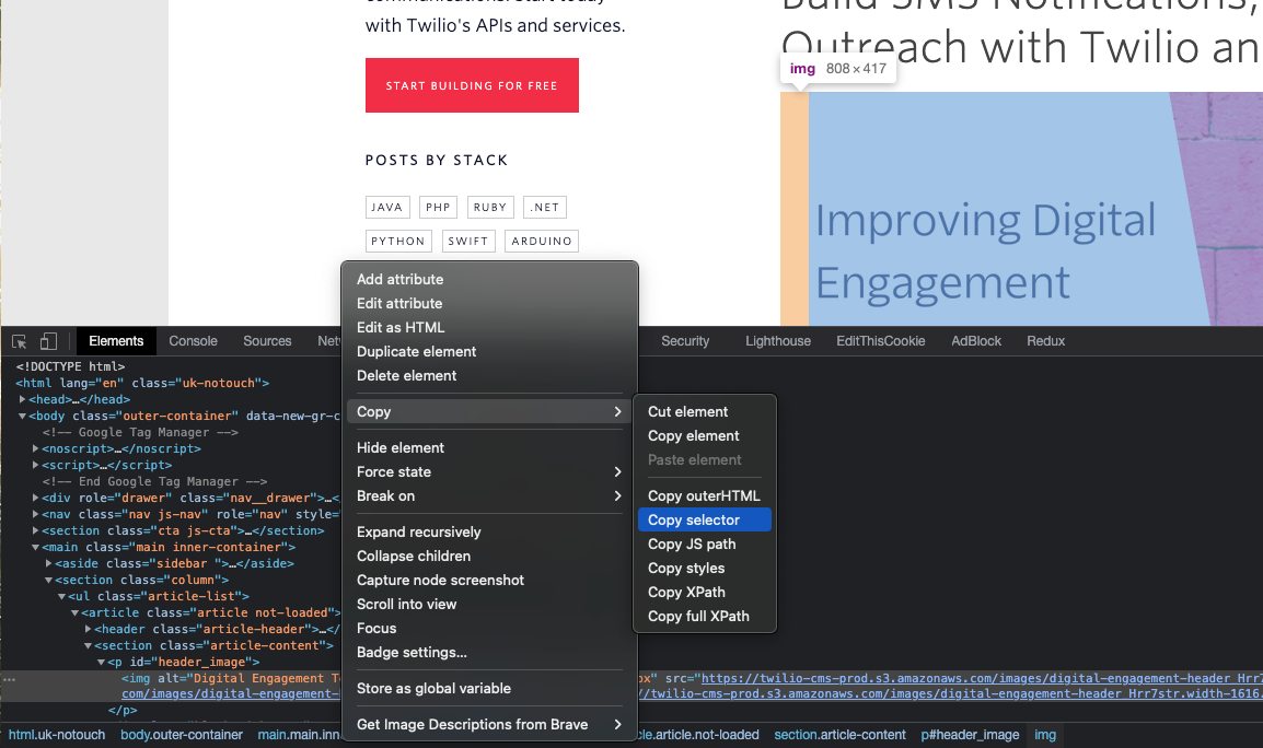 Context-menu opened by right-clicking on the main image in a Twilio blog post. Then right-clicked on the selected element and clicked Copy -> Copy selector on the menu
