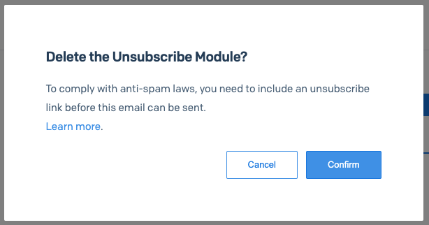 Delete the Unsubscribe Module dialog asking to confirm deletion and warning the user about legal implications of not having unsubscribe link in the email
