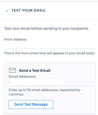 Test your email section expanded and showing from and to address fields with a Send Test Message button 