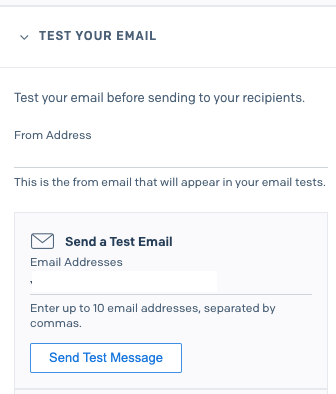Test your email section expanded and showing from and to address fields with a Send Test Message button