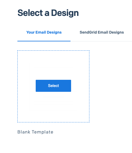 Select a Design page with mouse over Blank Template. A Select button appears in the middle of the template preview when the mouse is hovering.