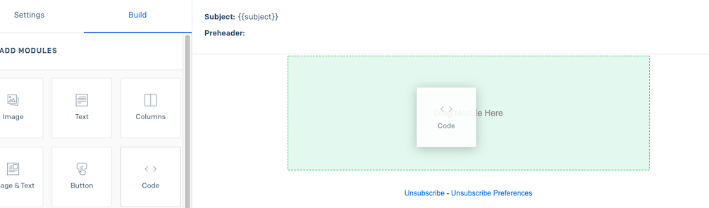 Screen showing Code module being dragged and dropped into the design area that says Drag Module Here