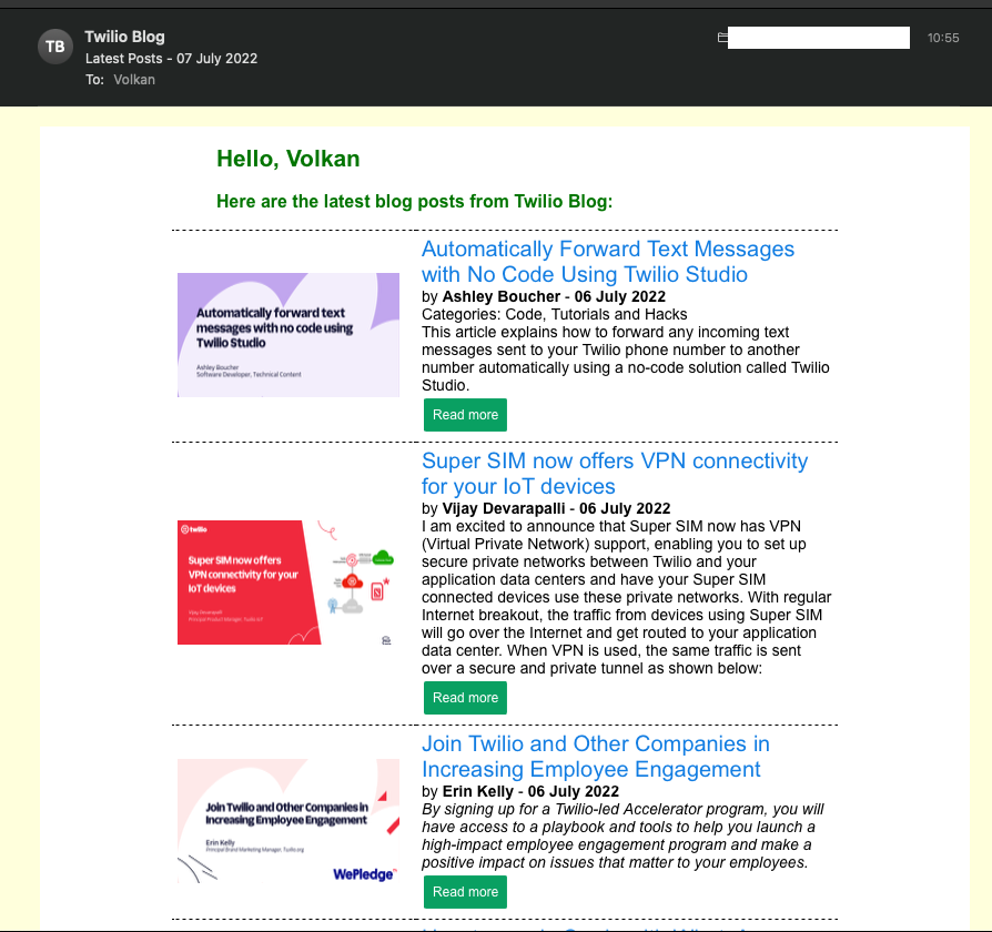 Final email output showing dynamic data gathered from RSS XML and blog pages