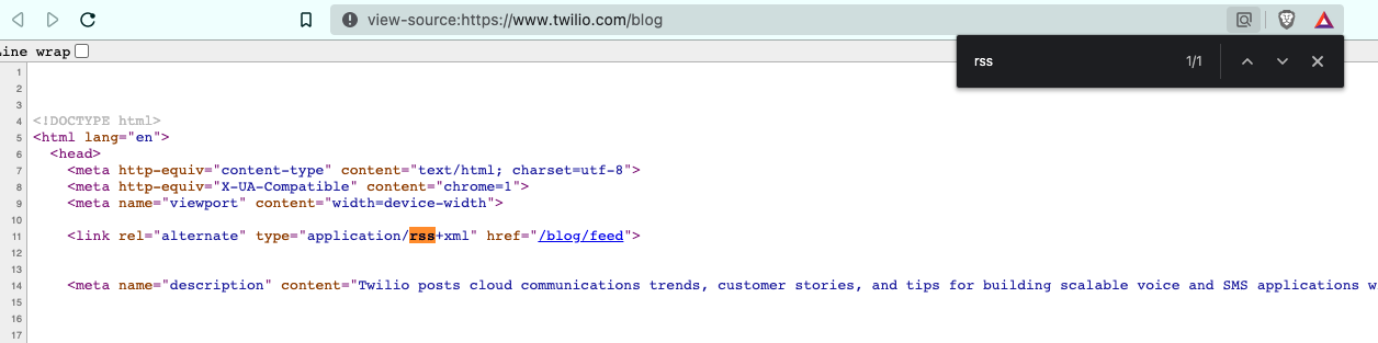Twilio Blog source code is shown and the word RSS is searched. The result shows the URL of the blog feed.