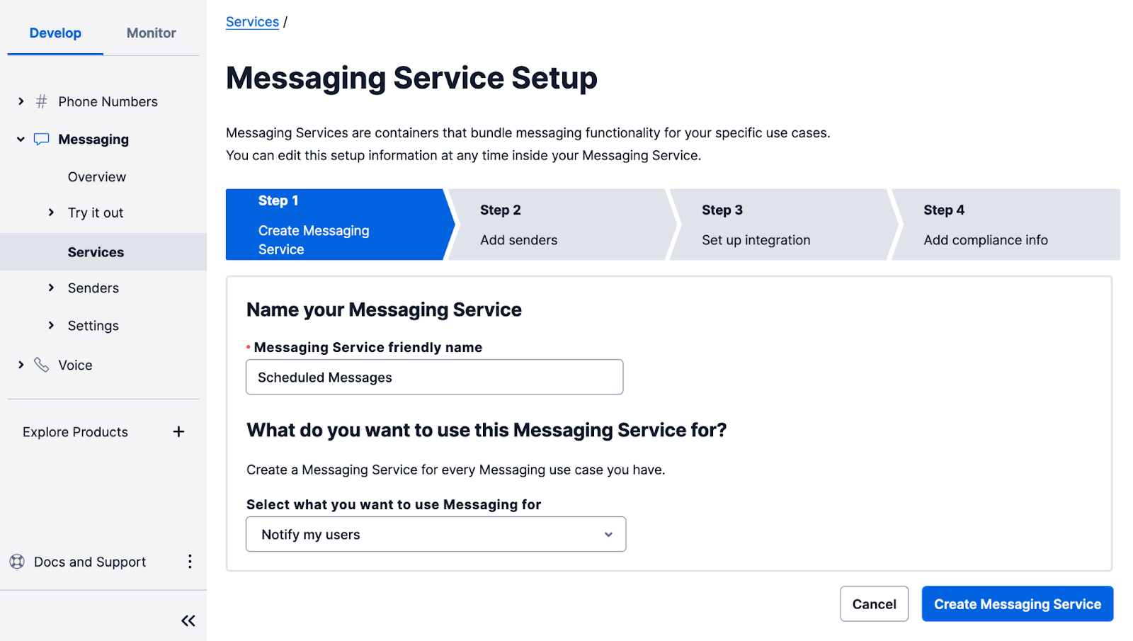 Create a Twilio Messaging Service