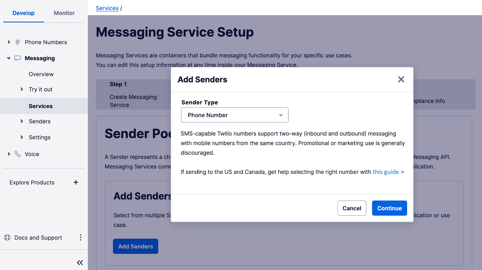 Twilio Messaging Service - Add Sender
