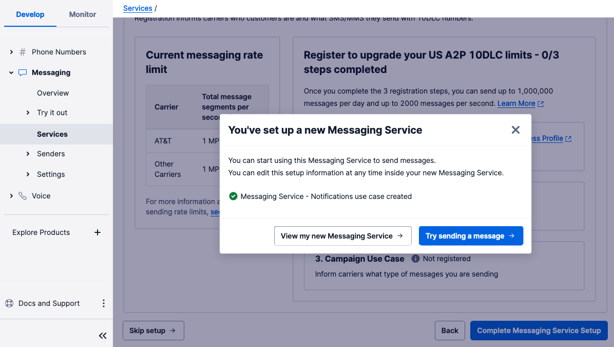 Twilio Messaging Service has been setup successfully