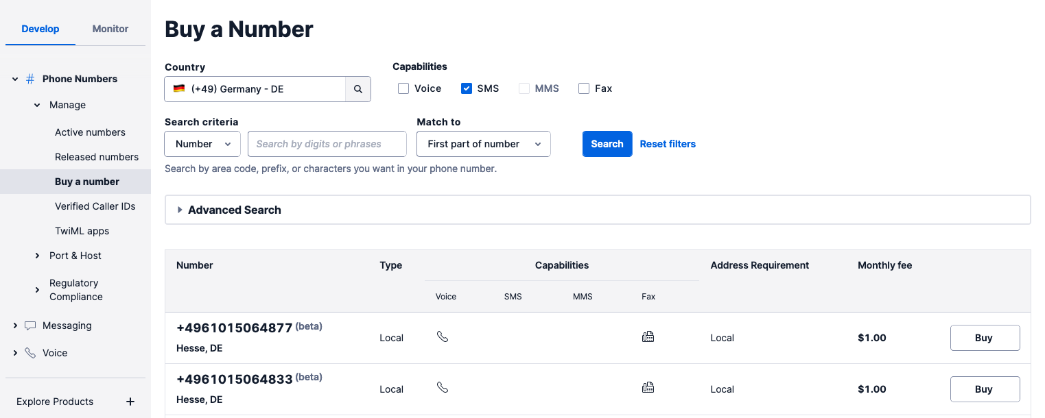 Buy a Twilio Phone Number
