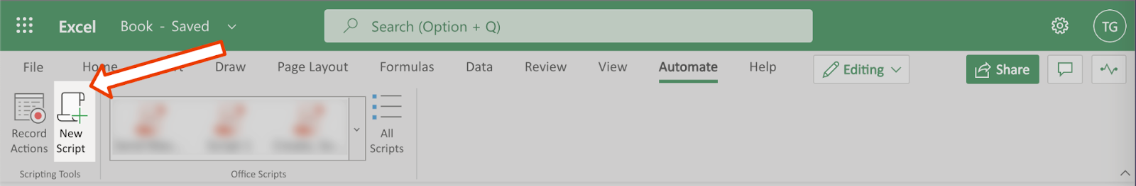In the Automate tab of Excel, the New Script button is highlighted by an arrow.
