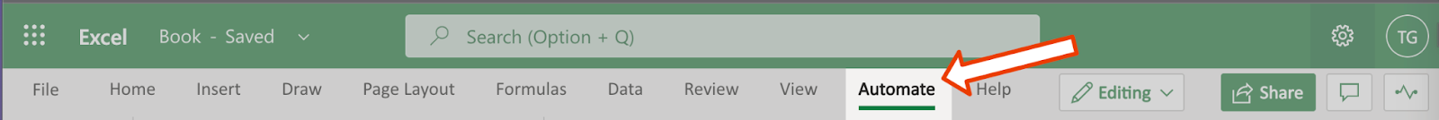 Excel ribbon with the Automate tab selected and pointed out by an arrow.