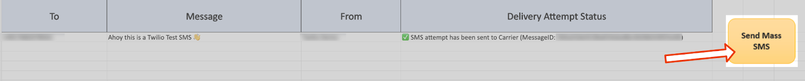 The spreadsheet contains a button saying "Send Mass SMS"