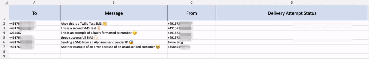 An Excel spreadsheet containing phone numbers and SMS messages. The Delivery Attempt Status column starts of empty. When the bulk SMS tool runs, status column is filled out row by row with the result of sending SMS.