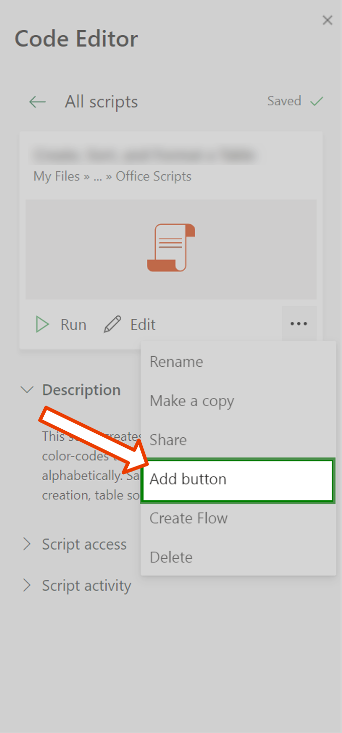 The user clicked on the script overflow menu. The menu shows multiple items including an item to "Add button". The "Add button" item is highlighted.