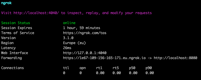 Response of running ngrok in the terminal