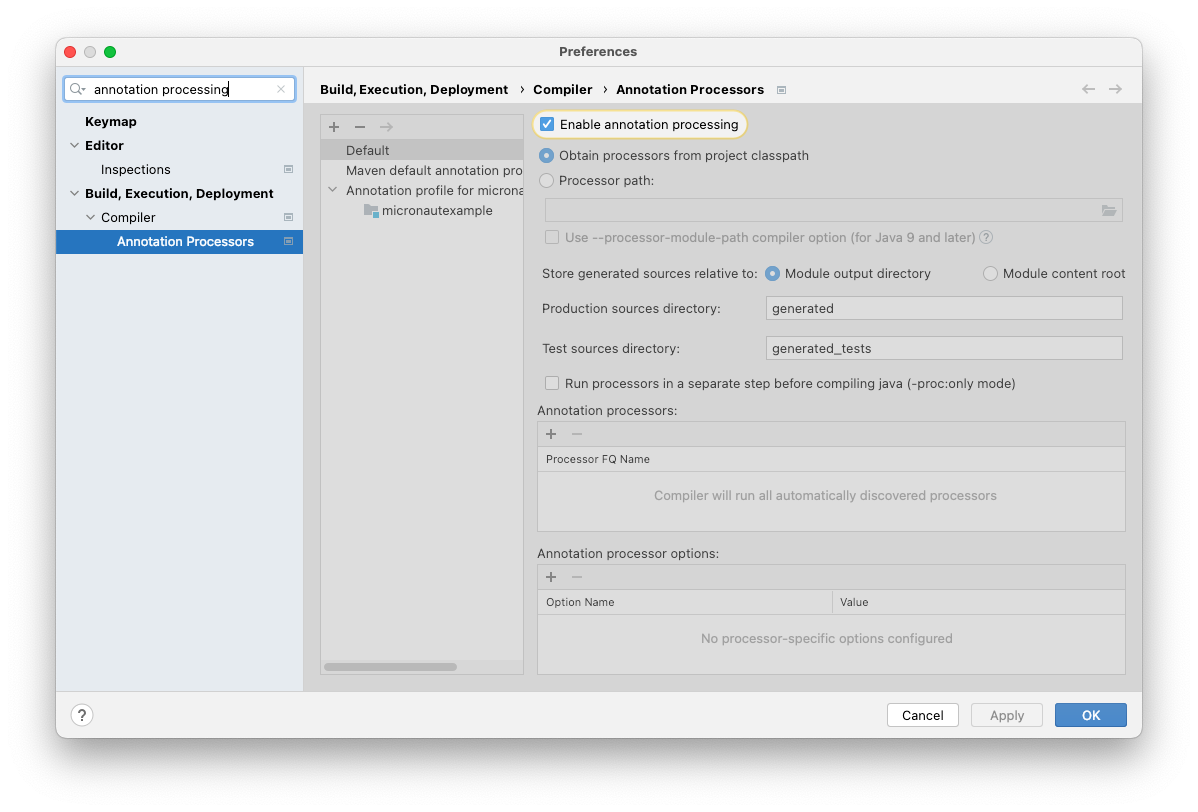 Enabling annotation processing in Intellij IDEA"s preferences window