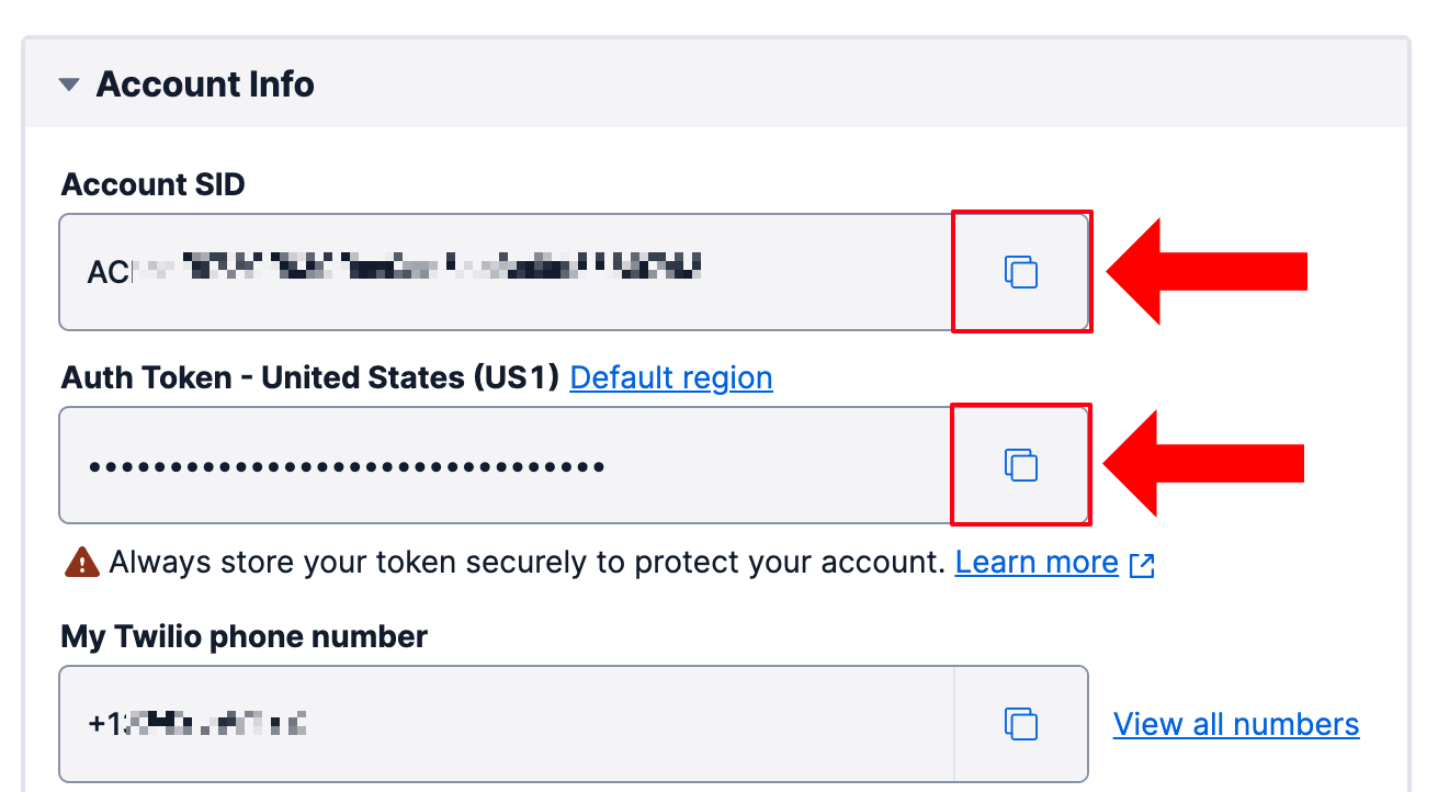 Account Info box holding 3 read-only fields: Account SID field, Auth Token field, and Twilio phone number field.