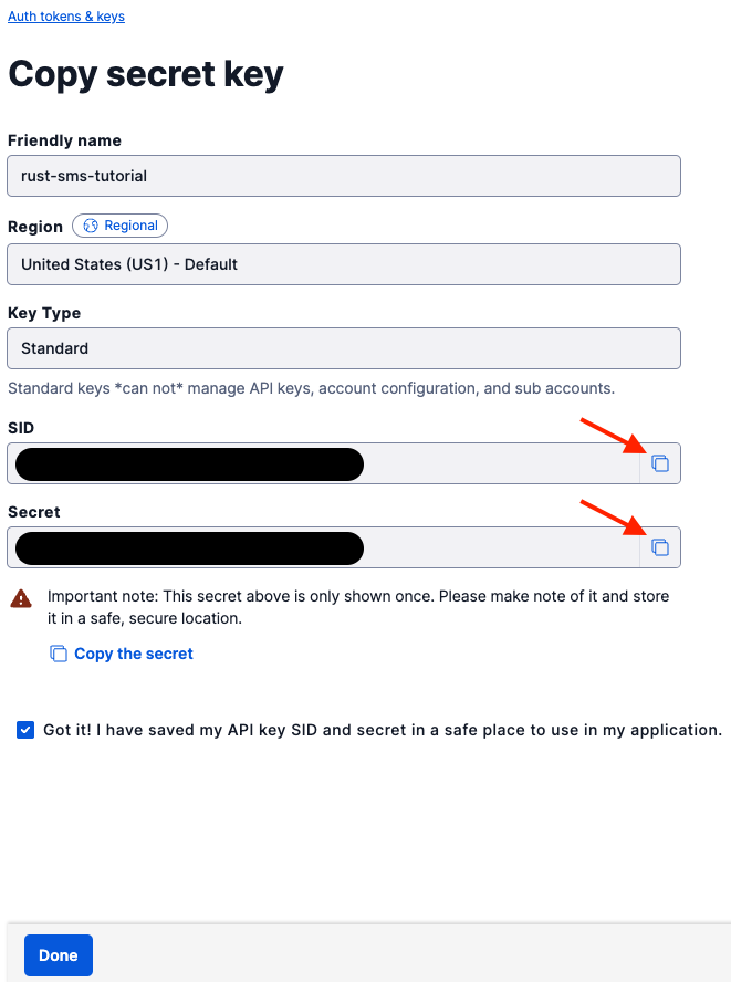 Twilio API key SID and Secret
