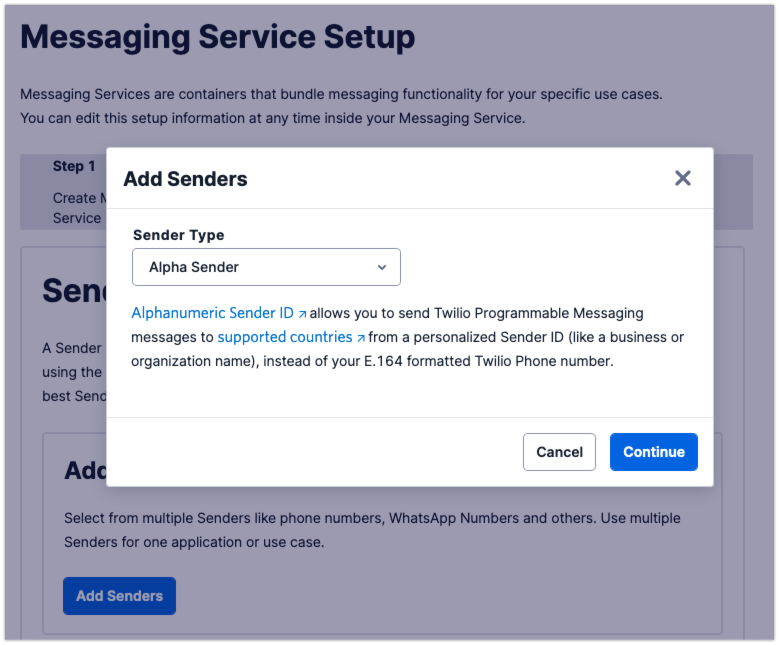 On step 2 of the Messaging Service setup you can press a button to add a sender. When you do a dialog pops up asking the sender type, choose "Alpha sender"
