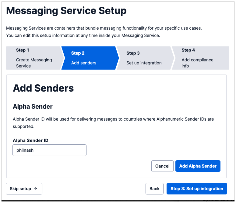 Still on screenshots of step two, this shows the page after you choose to add an Alpha Sender. There's one input for the alpha sender ID and a button to add the alpha sender.