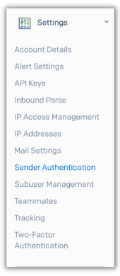 Settings tab on SendGrid dashboard with the Sender Authentication link highlighted