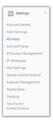 Settings tab on SendGrid dashboard with the API Keys link highlighted