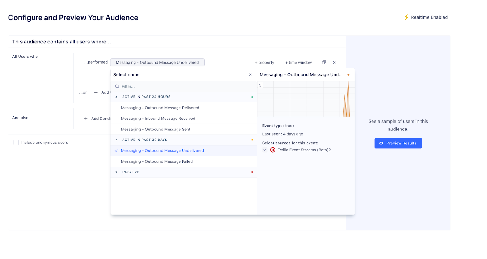 Screenshot of the Segment dashboard showing the Event Streams events that show up when configuring your audience.