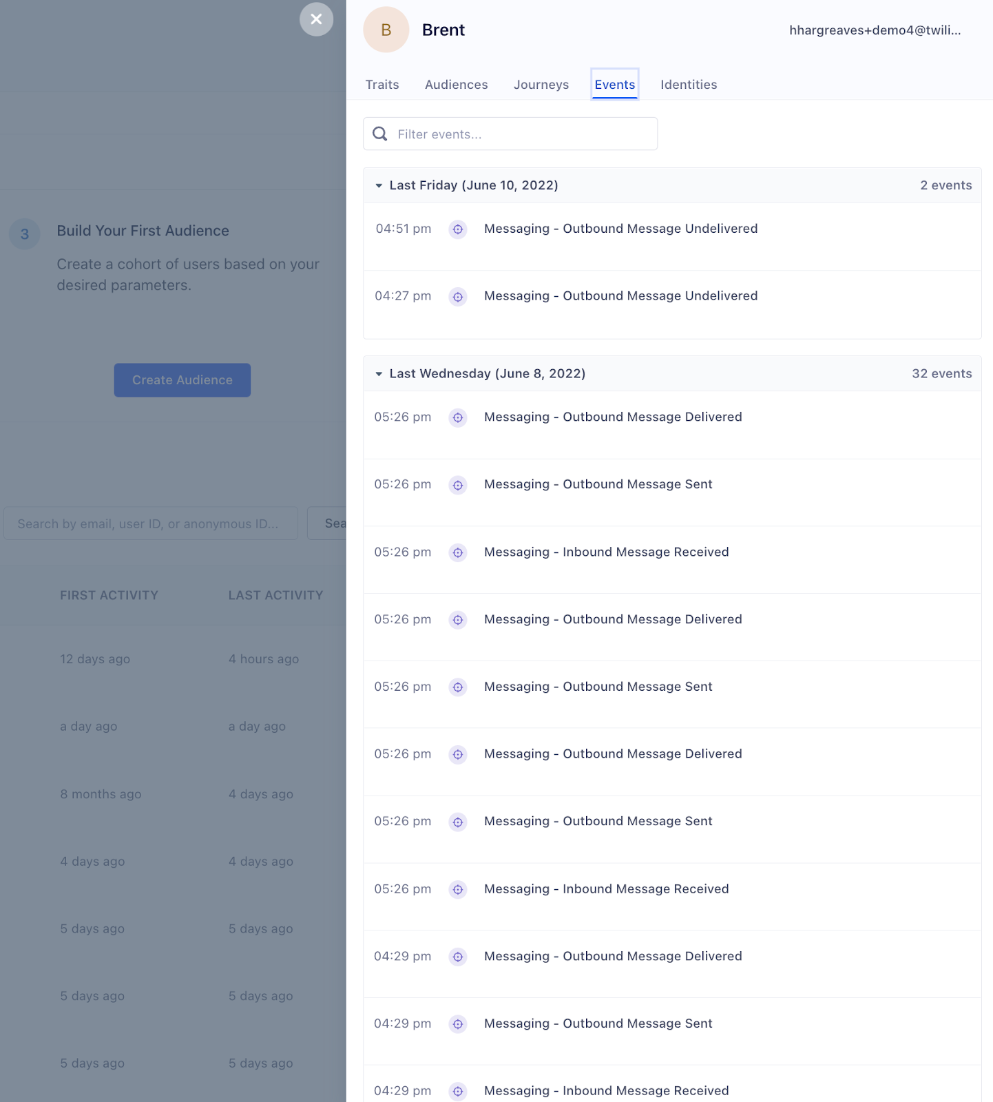 Screenshot of User Profile Events in Segment