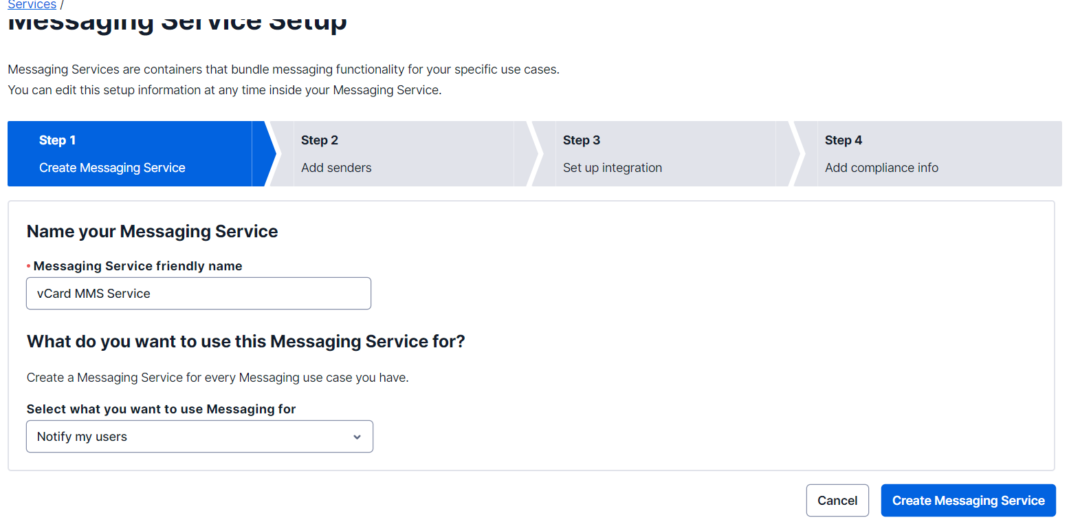 Messaging Service creation screen, with the name of the service, the list of options on the use of the service and the button to create it.