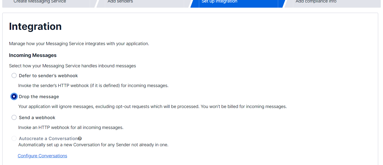 Integration screen, with the "Drop the message" option for incoming messages and keeping the default value for the "Validity Period" field.