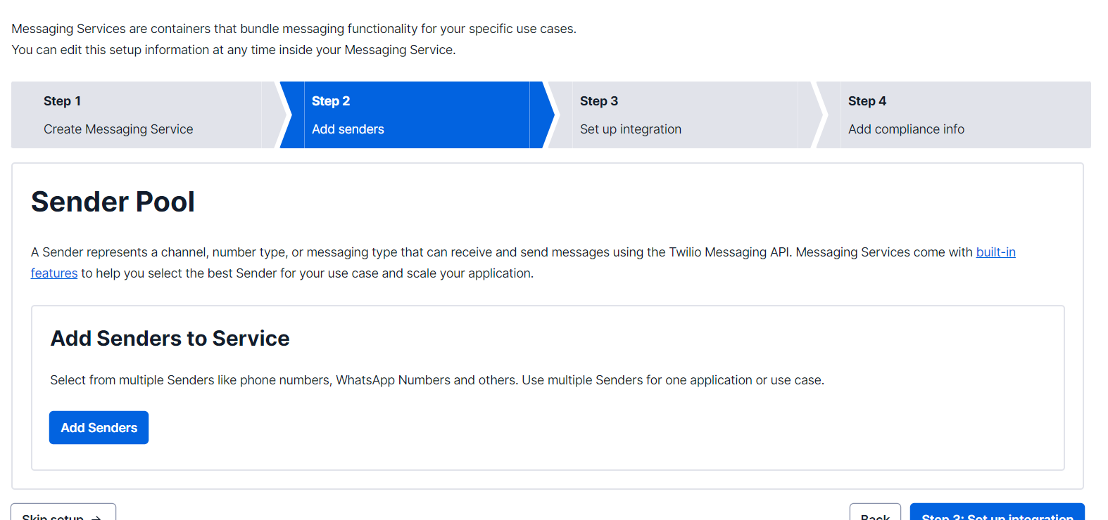 Second step in "Messaging Service Setup", to configure the Sender Pool with the option to add new senders (phone numbers, whatsapp numbers) with the "Add Senders" button, which can be used when sending messages through the Messaging Service created.